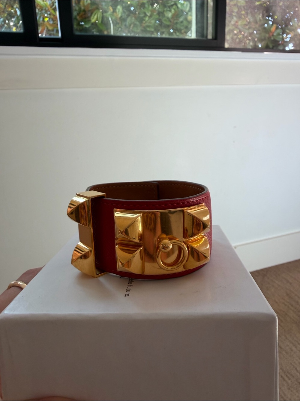 Hermes Red Leather Cuff with Gold Pyramid Studs and Ring